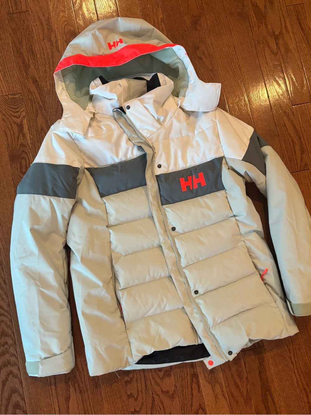 Helly Hansen Light Gray Puffer Jacket with Coral Accents